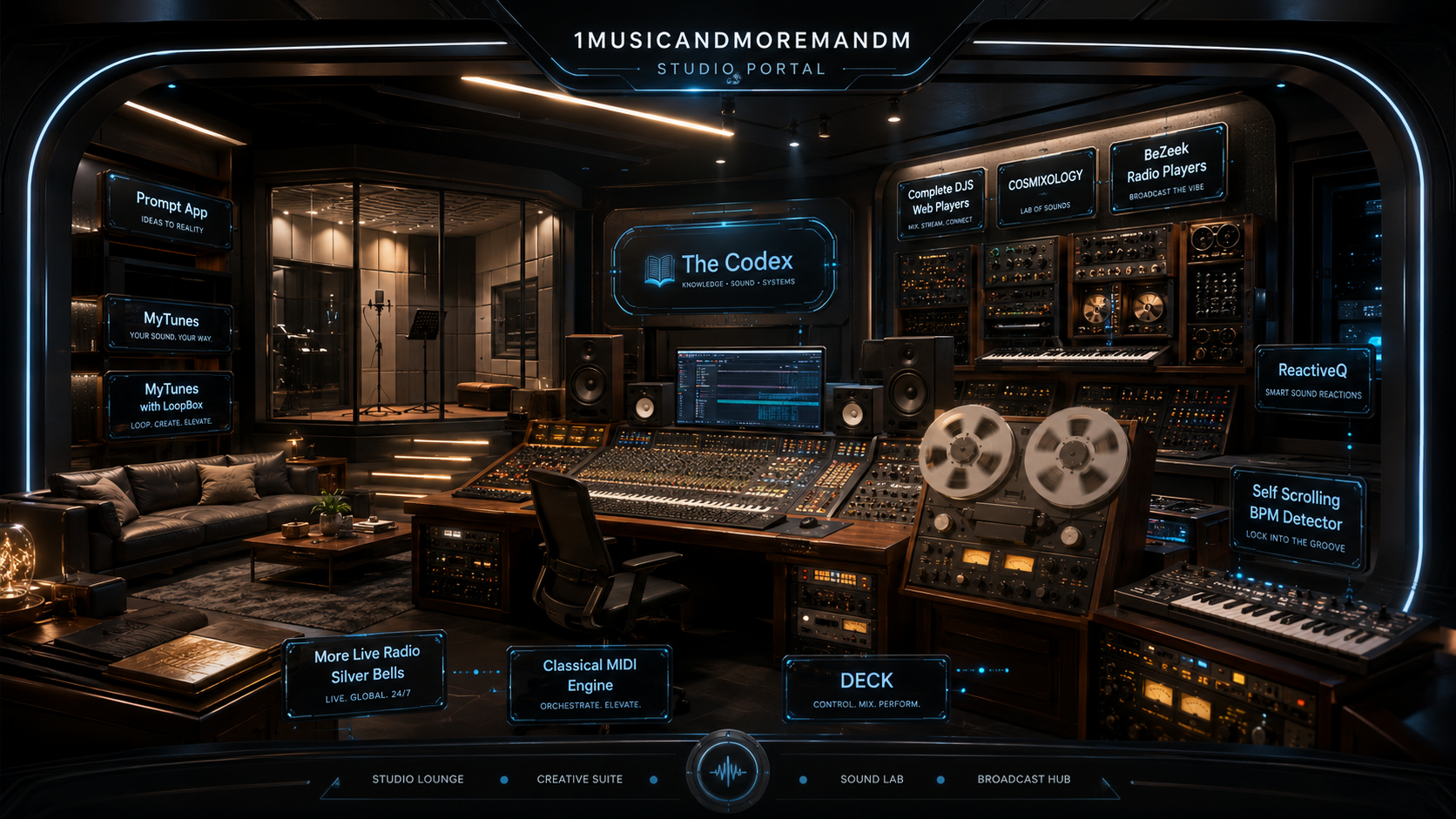 DML Studios control room. Every piece of gear is clickable.