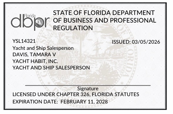 Florida DBPR yacht and ship salesperson licence YSL14321, Tamara V Davis, Yacht Habit Inc.